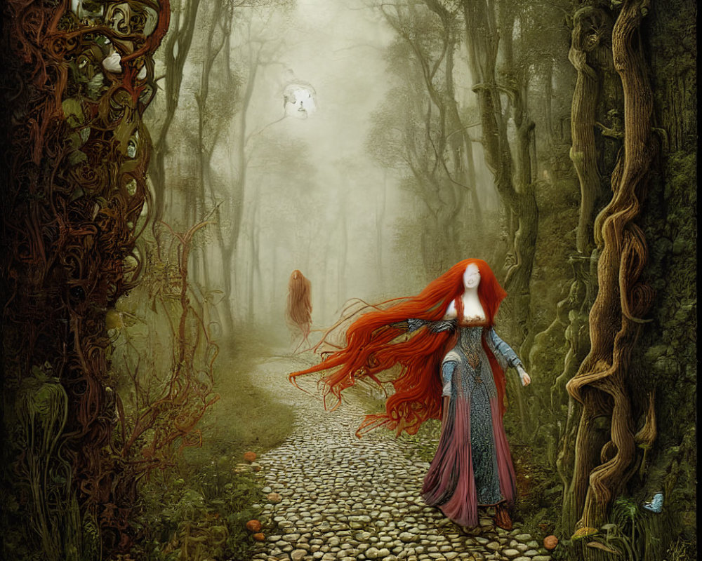 Mystical forest with cobblestone path and red-haired woman followed by translucent figure at night