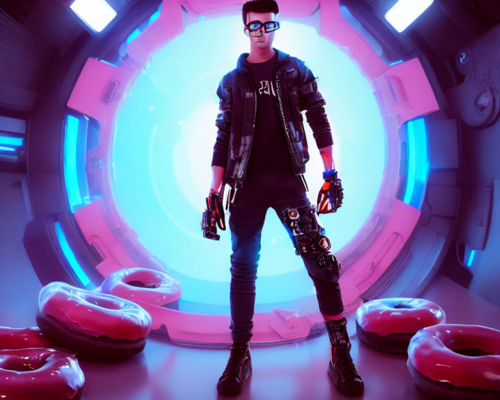 Person in sci-fi setting with neon rings, futuristic weapons, and floating donuts.