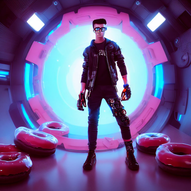 Person in sci-fi setting with neon rings, futuristic weapons, and floating donuts.