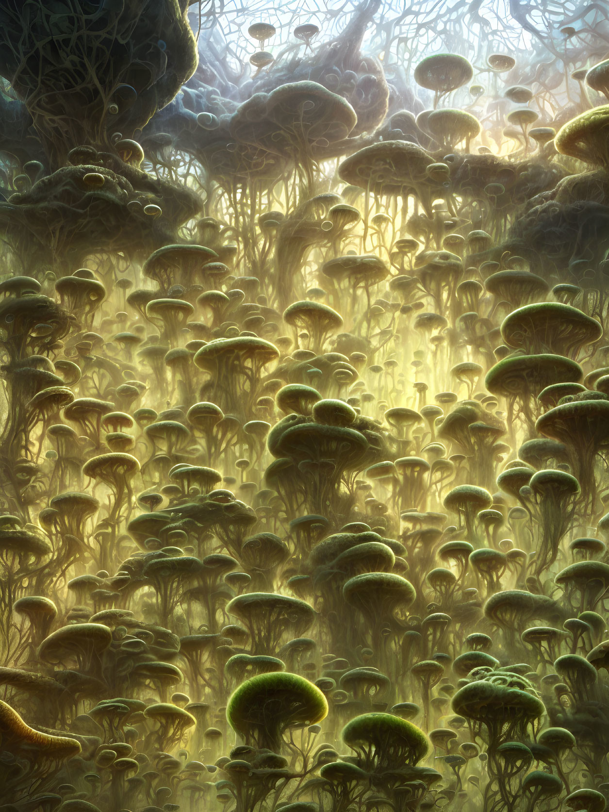 Bioluminescent mushroom forest with mystical glow