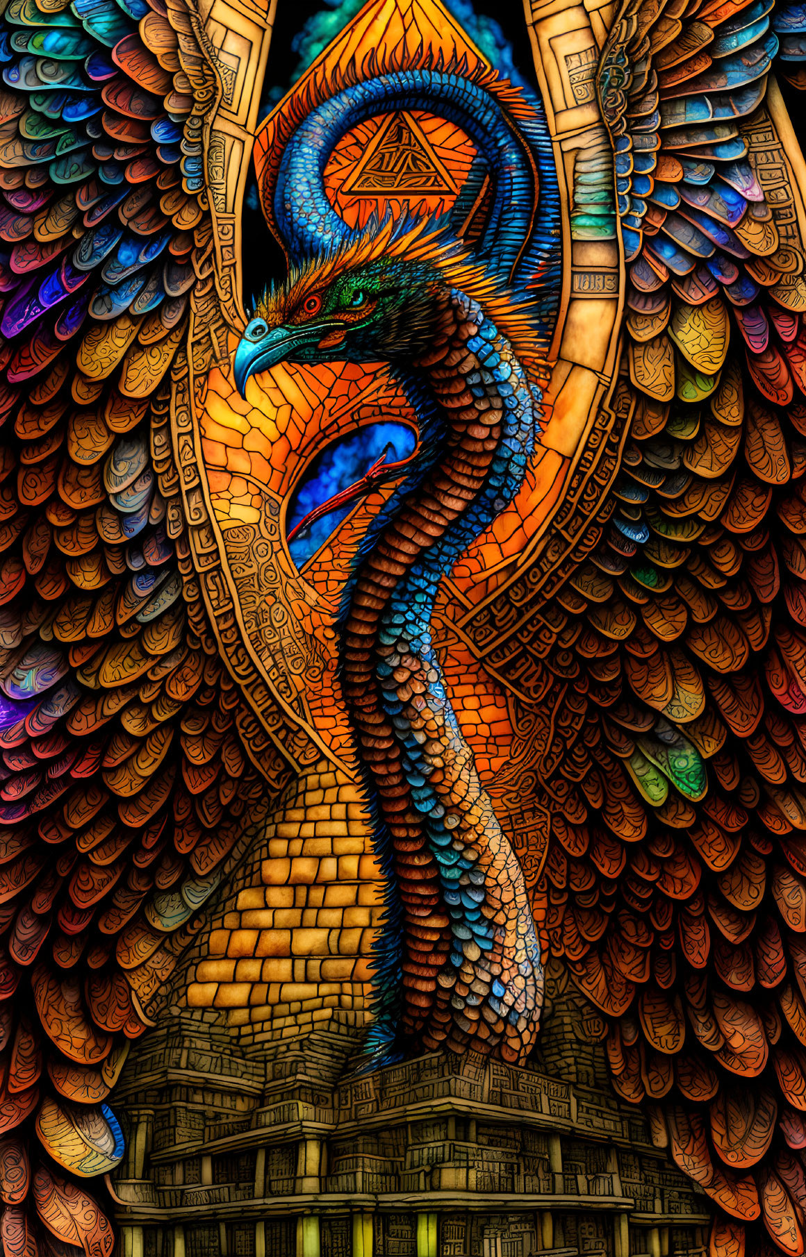 Colorful Serpentine Dragon Illustration with Elaborate Feathers & Patterns