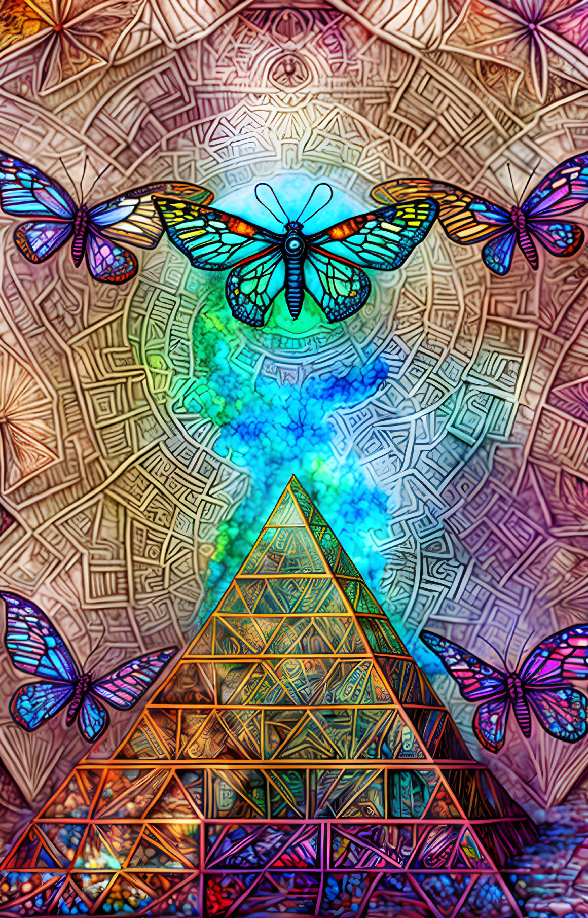 Colorful psychedelic illustration: Geometrical patterns, pyramid, blue glow, butterflies & moth