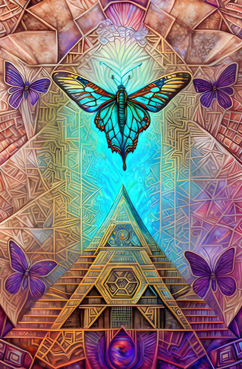 Colorful digital artwork: Glowing pyramid with butterflies on geometric backdrop