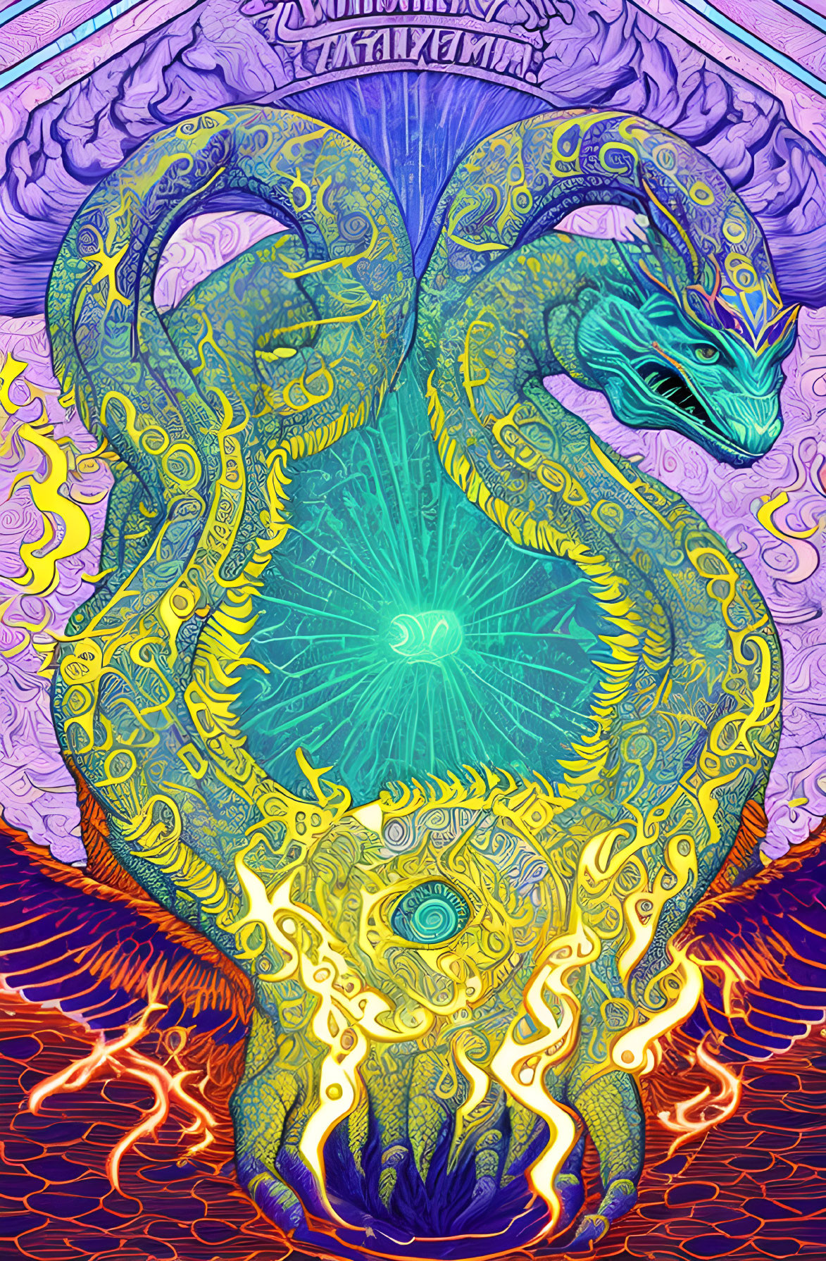 Colorful serpent-like dragon artwork with flames and psychedelic background