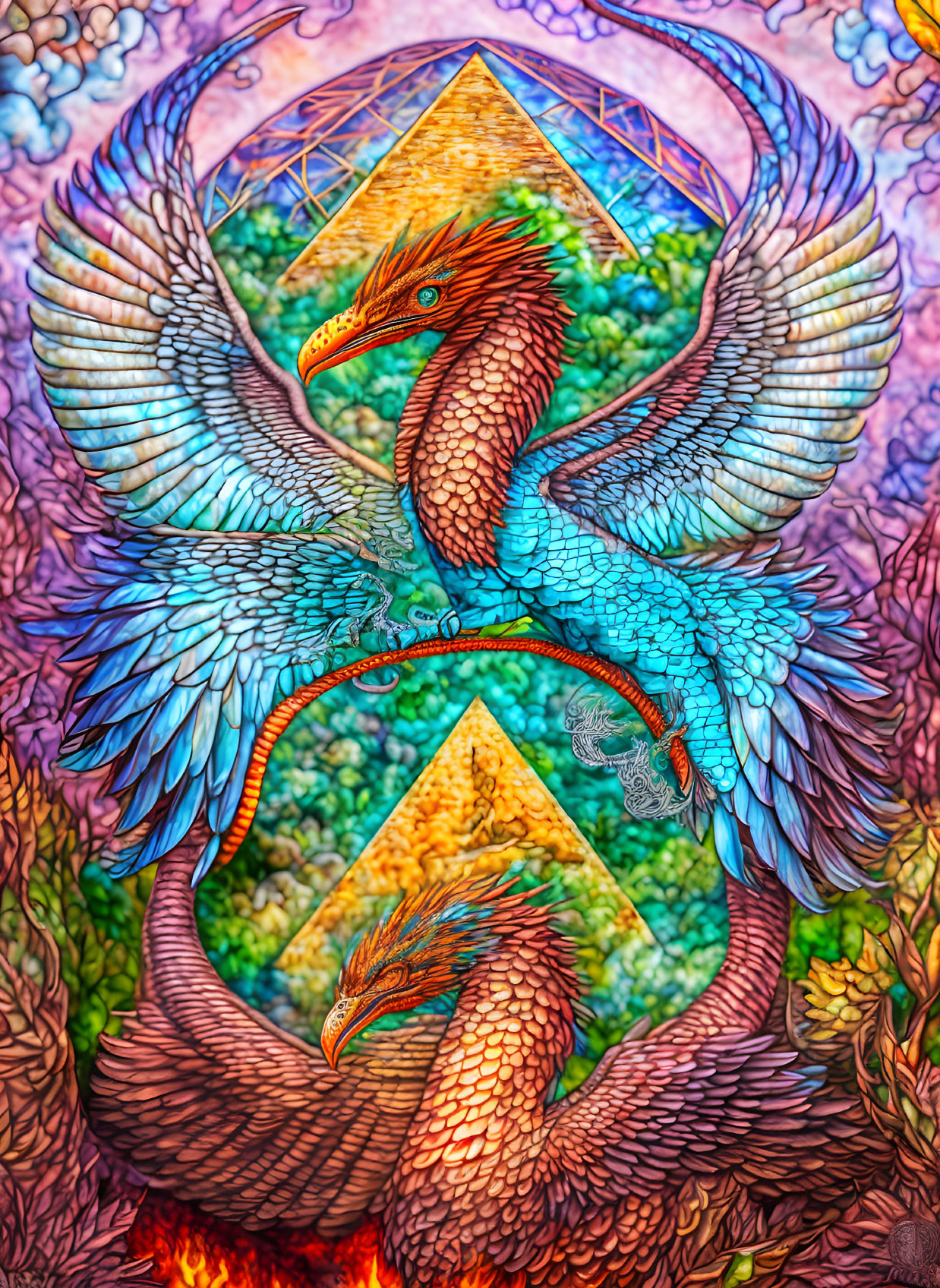 Colorful Phoenix Illustration in Triangle with Flames & Patterns