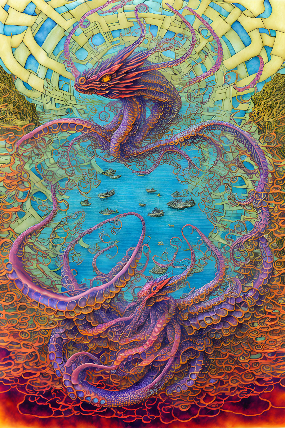 Colorful Fantasy Artwork: Intertwining Dragons Over Seascape