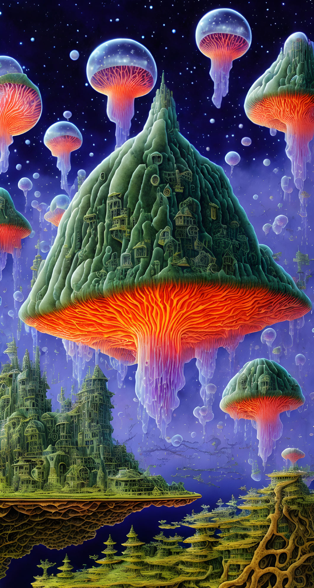 Fantastical jellyfish-like structures above intricate landscape