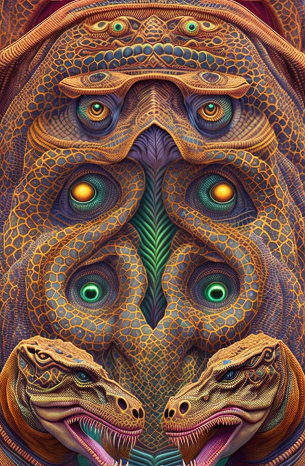 Colorful Psychedelic Illustration: Two Lizards Mirroring in Intricate Face Pattern