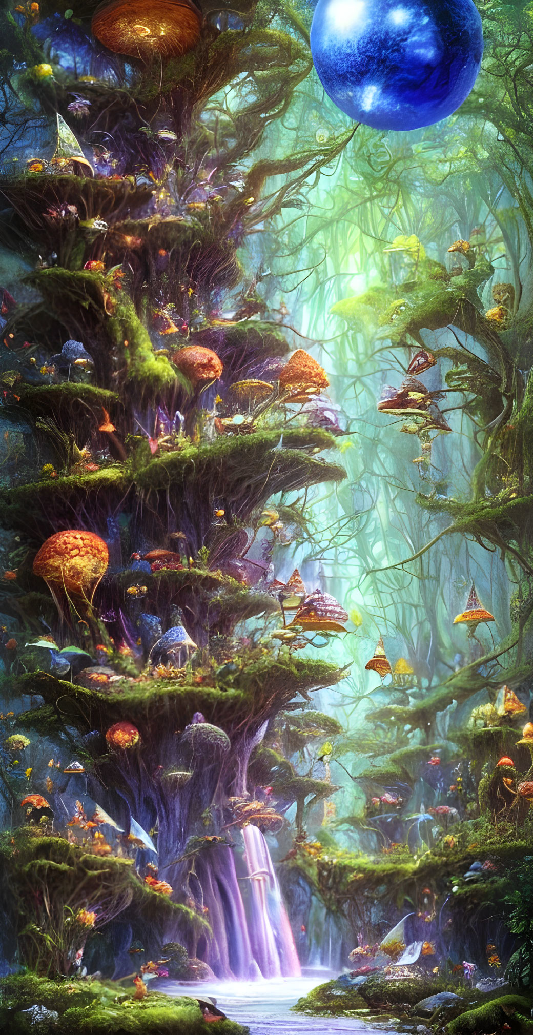 Enchanting forest with towering trees, luminous mushrooms, waterfall, and floating orbs