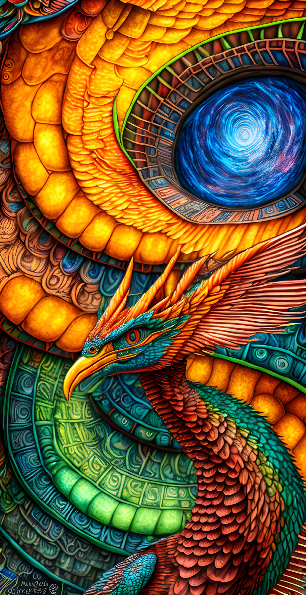 Detailed Phoenix Illustration with Vibrant Colors and Swirling Portal Background