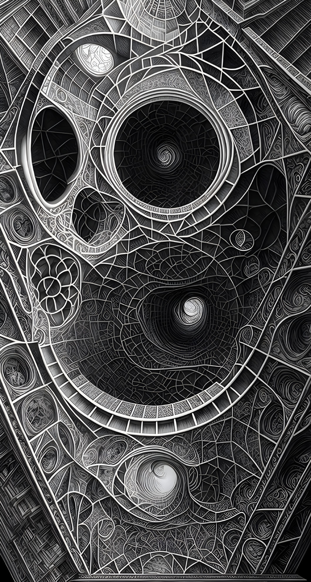 Monochrome abstract illustration with circular and spiral patterns