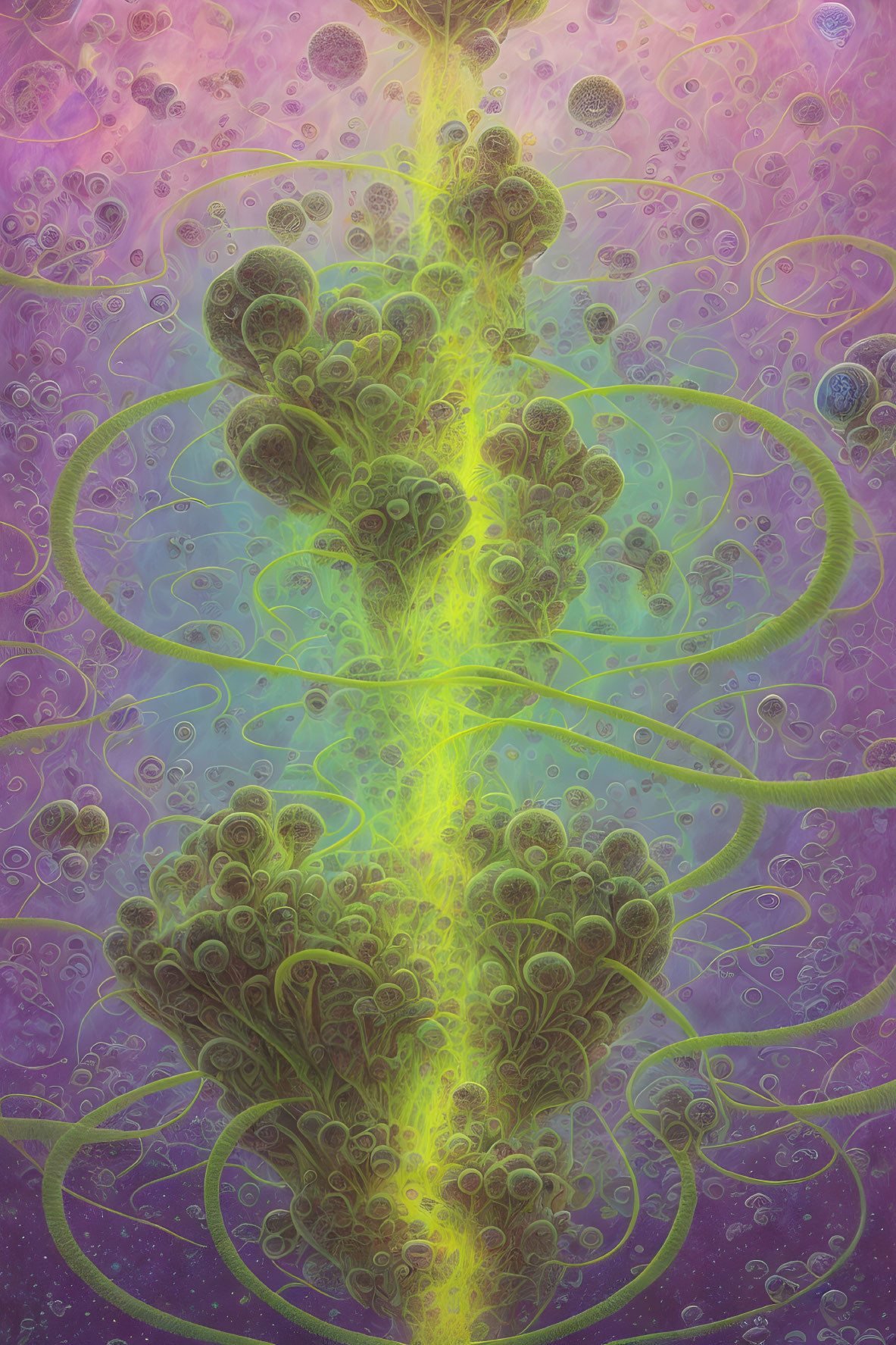 Vibrant digital artwork: neon green energy beam with purple and blue fractals on cosmic background