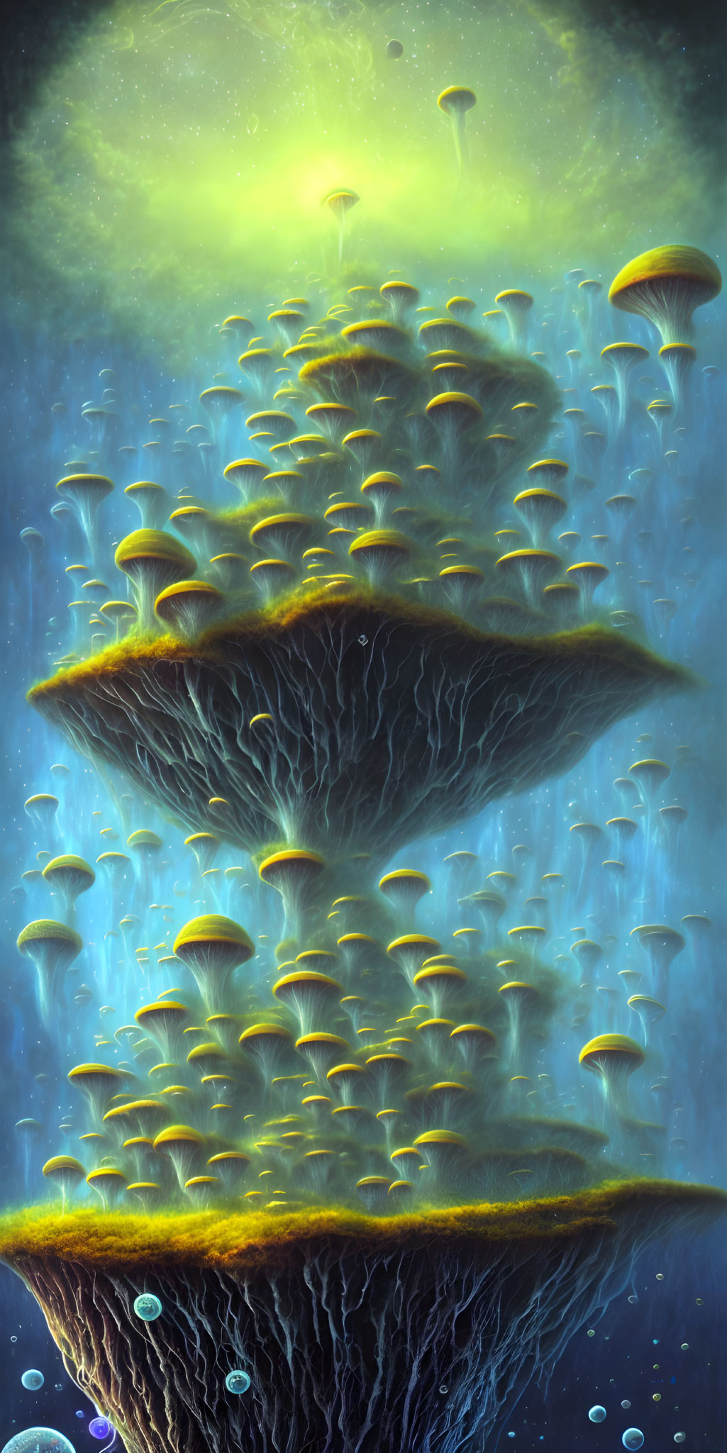 Bioluminescent Mushrooms and Jellyfish in Underwater Scene