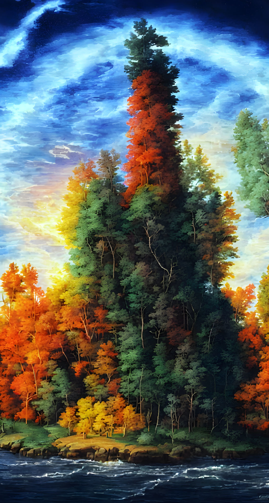 Autumn landscape with tall trees under dramatic sky