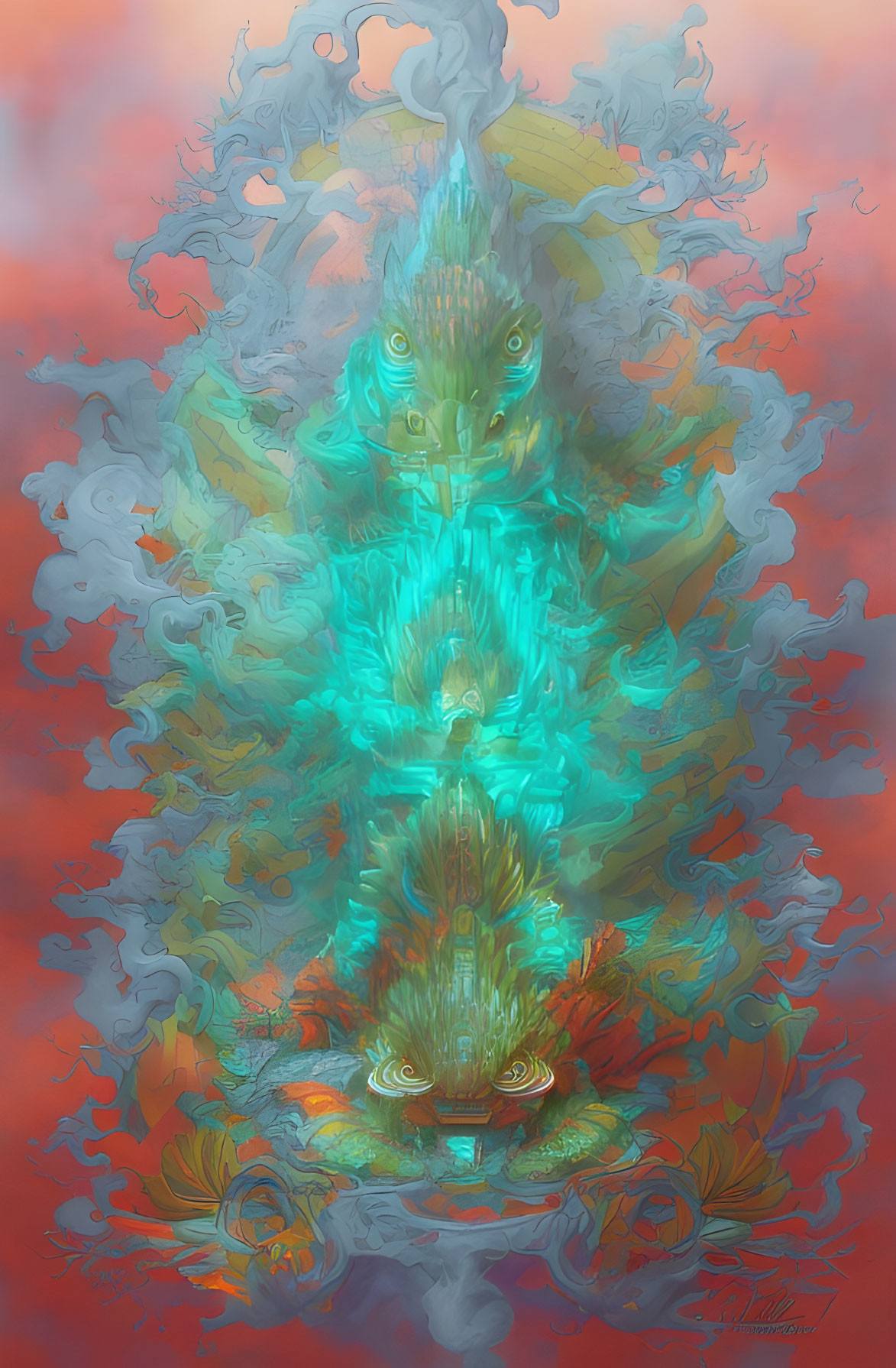 Mythical turquoise creature with glowing eyes in swirling mist