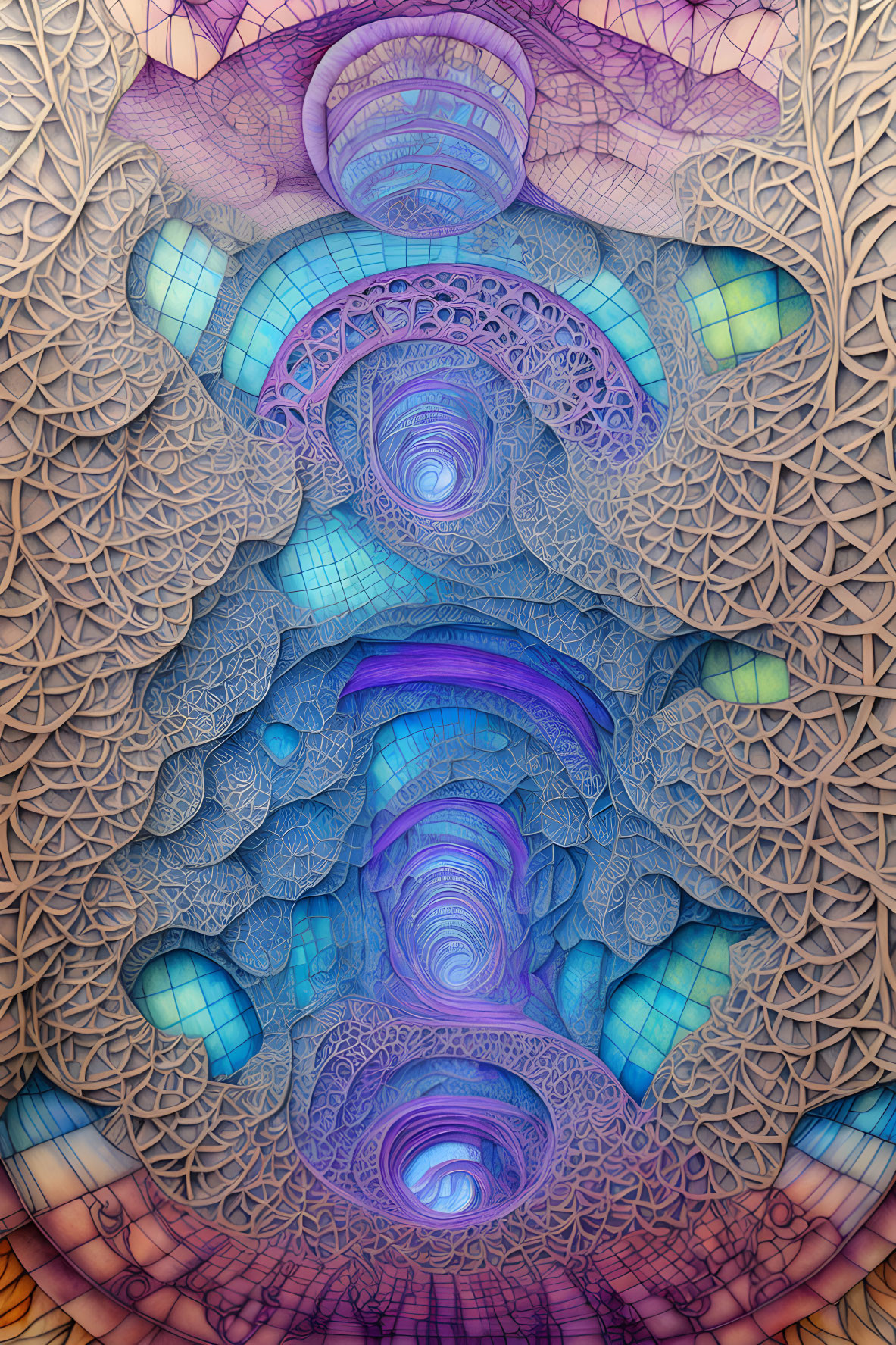 Abstract Fractal Image with Symmetrical Blues and Purples