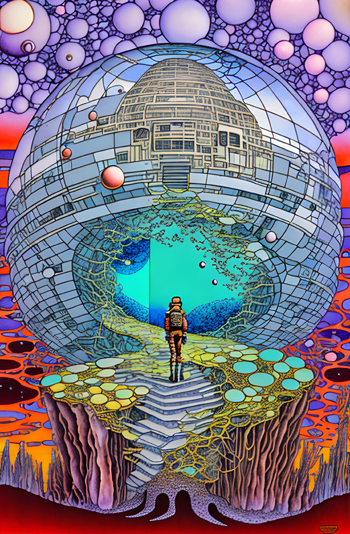 Person on bridge gazes at surreal landscape with giant reflective orb, floating bubbles, and fiery sky