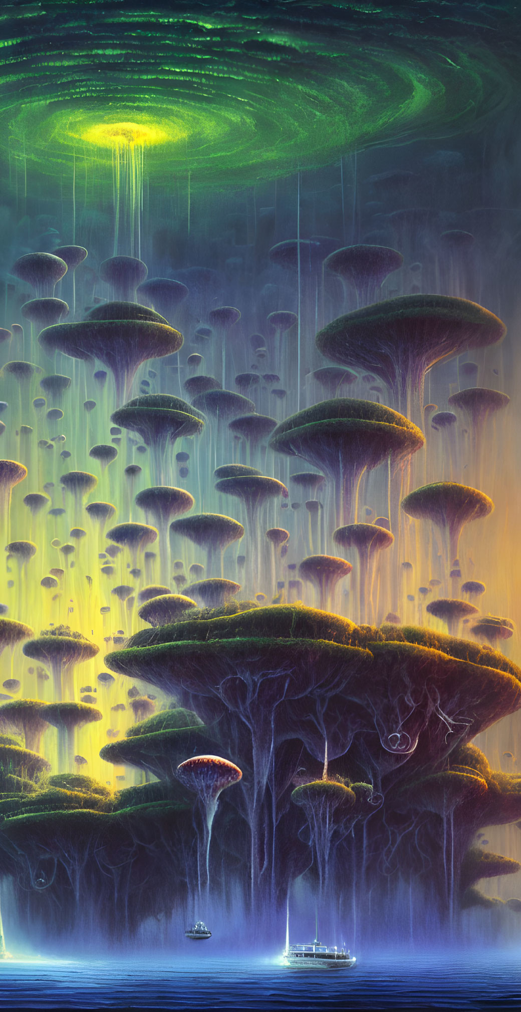 Ethereal landscape with towering mushroom structures and starry sky.