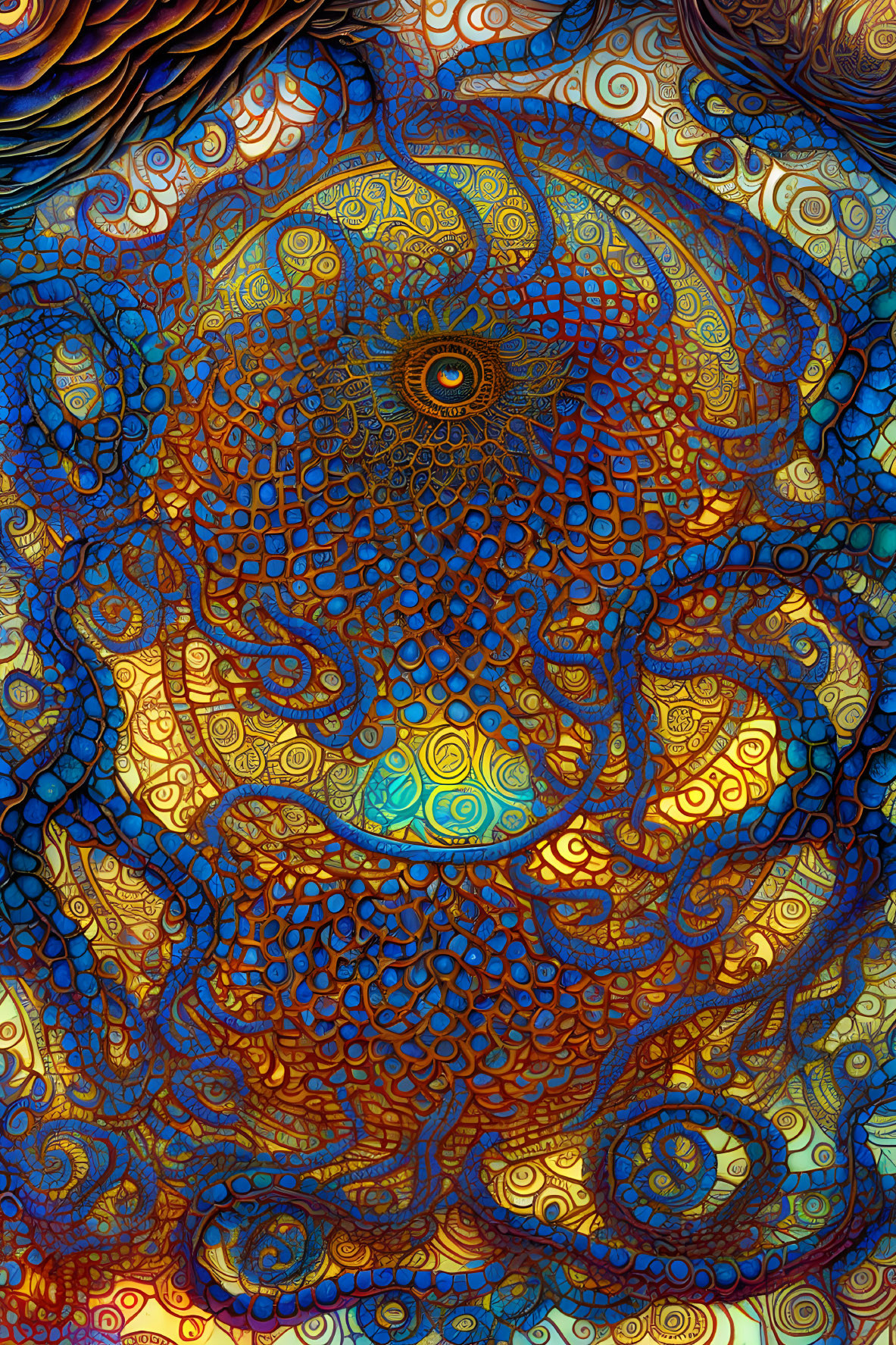 Colorful Fractal Pattern in Blue, Gold, and Red Swirls