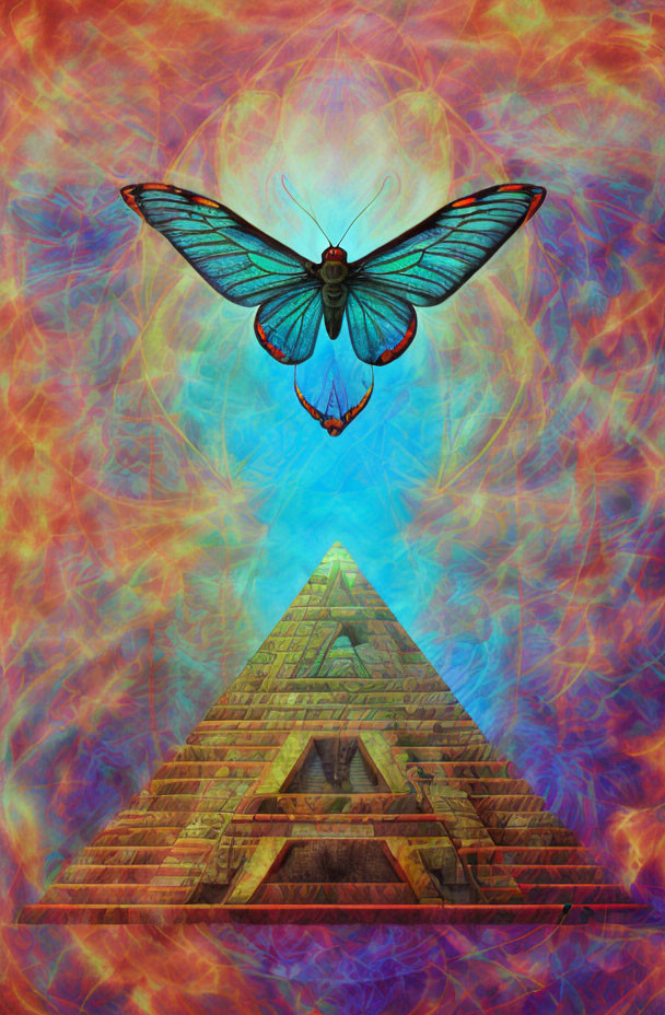 Colorful Butterfly Hovering Above Pyramid in Psychedelic Sky