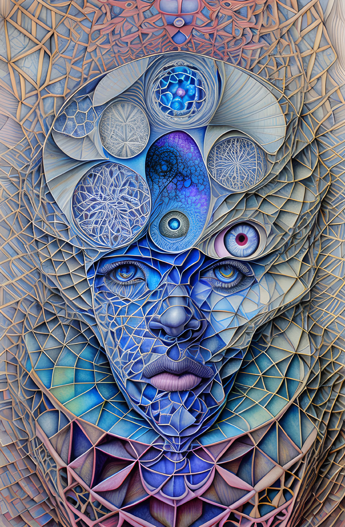 Blue-Toned Face with Geometric Patterns and Cosmic Elements