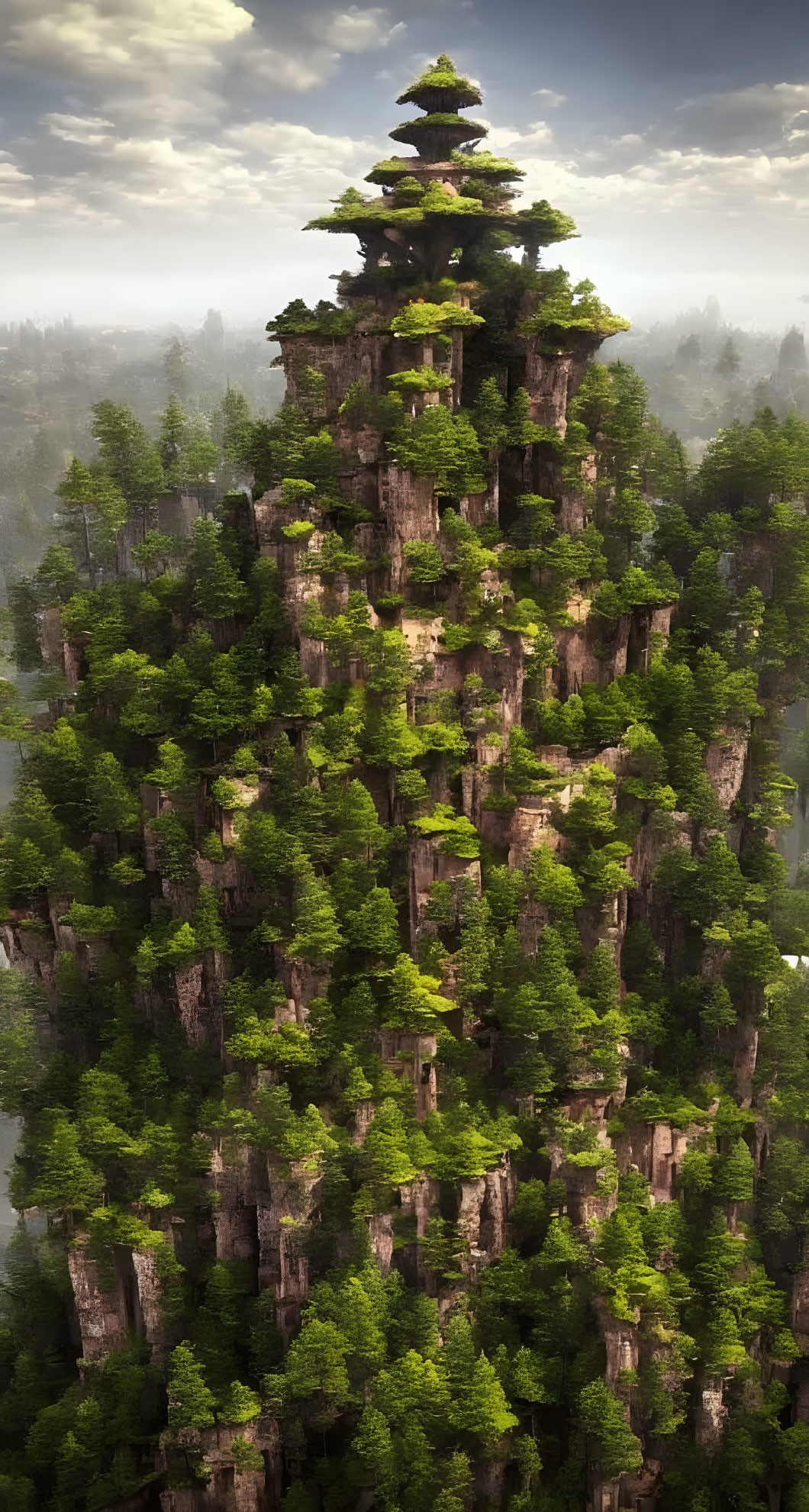 Vertical landscape with green trees and pagoda in misty forest.