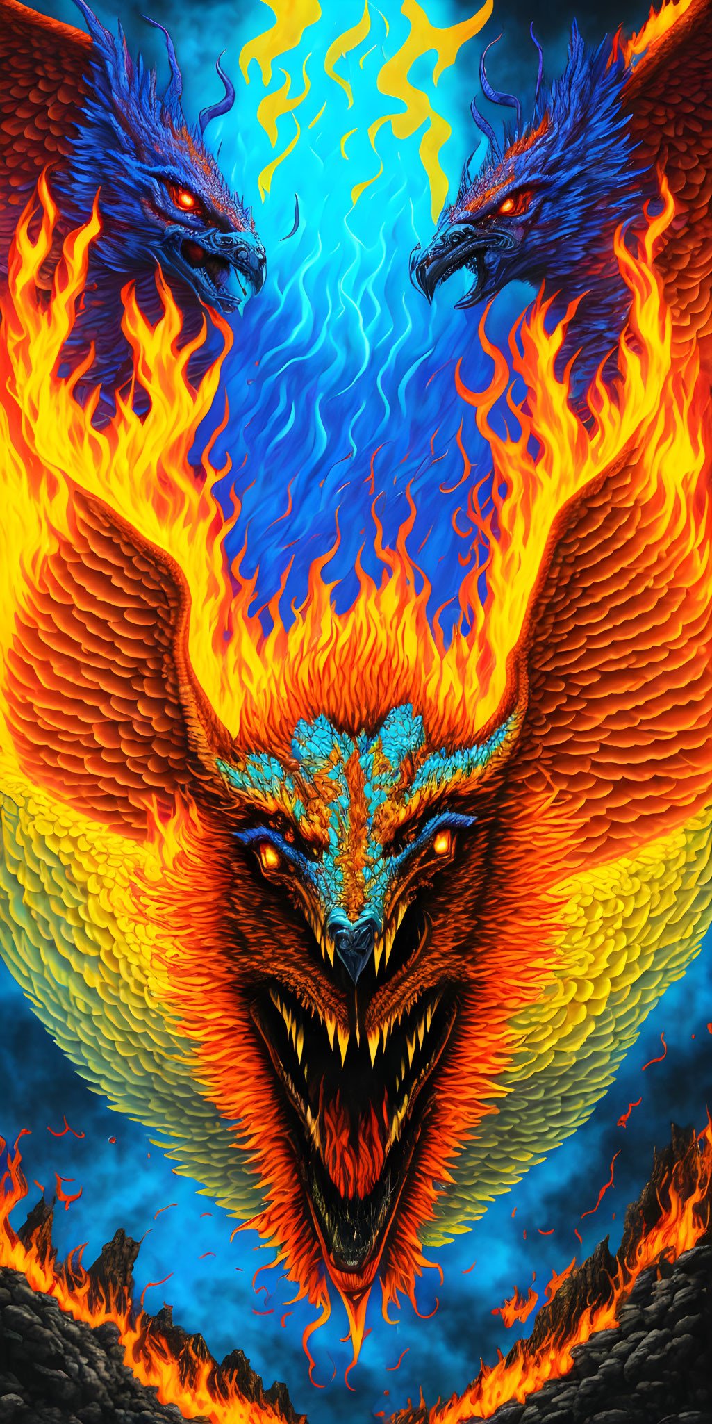 Colorful three-headed dragon artwork with fiery wings and flames backdrop