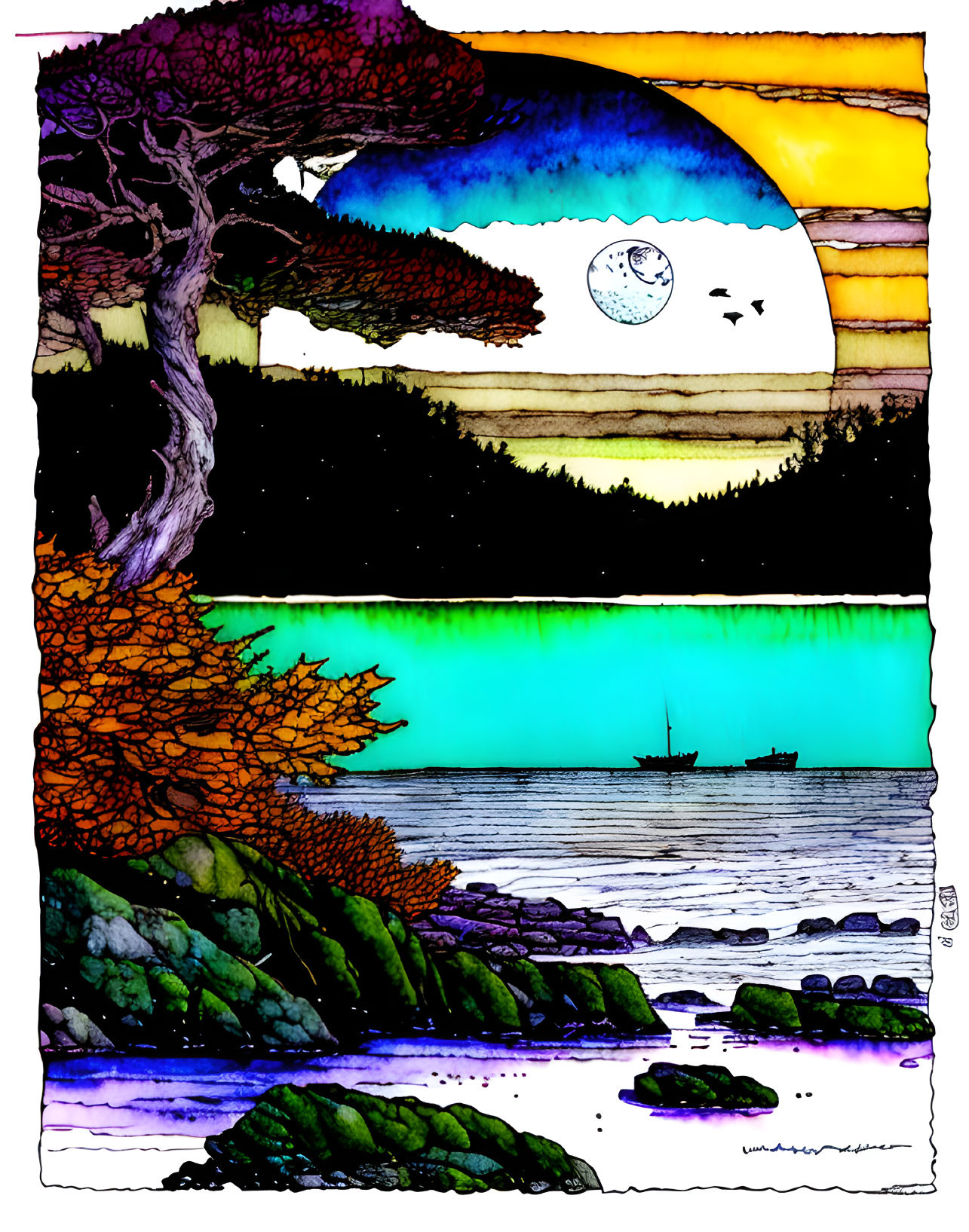 Colorful Coastal Scene Illustration: Moonlit Dusk with Silhouetted Trees, Boat,