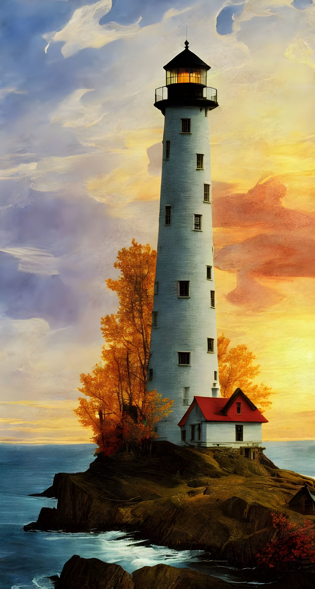 White lighthouse on rocky outcrop with autumn trees, red-roofed house, and vibrant sunset