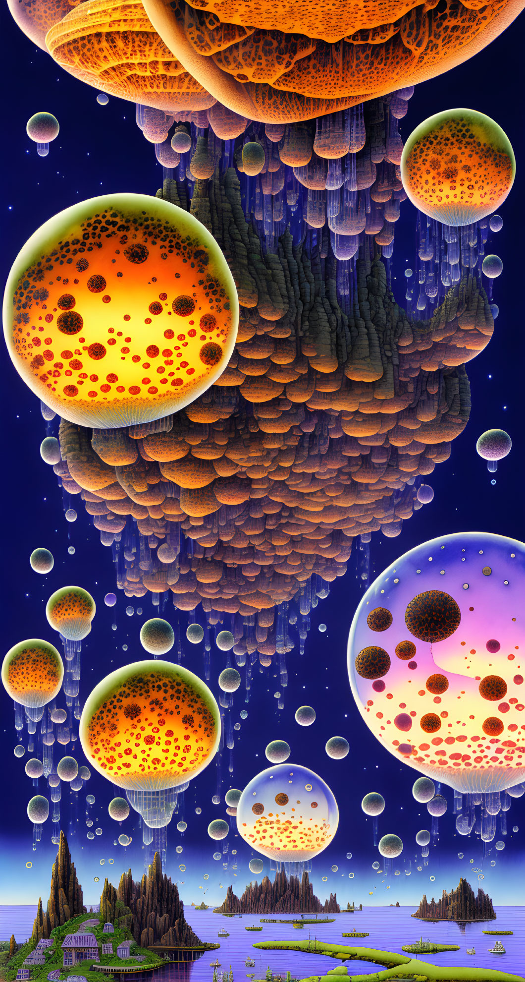 Surreal landscape with floating honeycomb islands and vibrant spheres