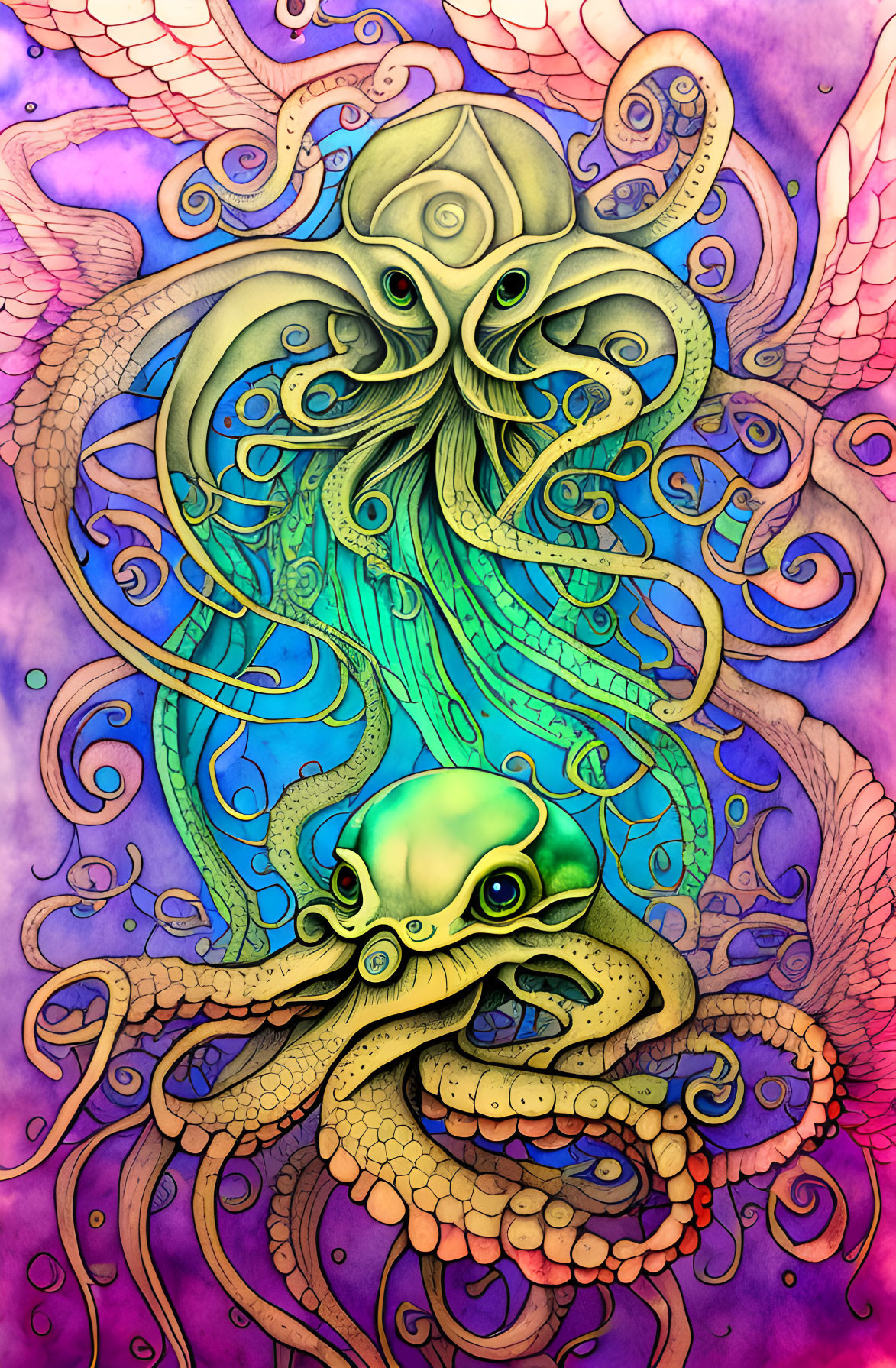 Colorful Octopus Illustration with Psychedelic Tentacles on Purple Background