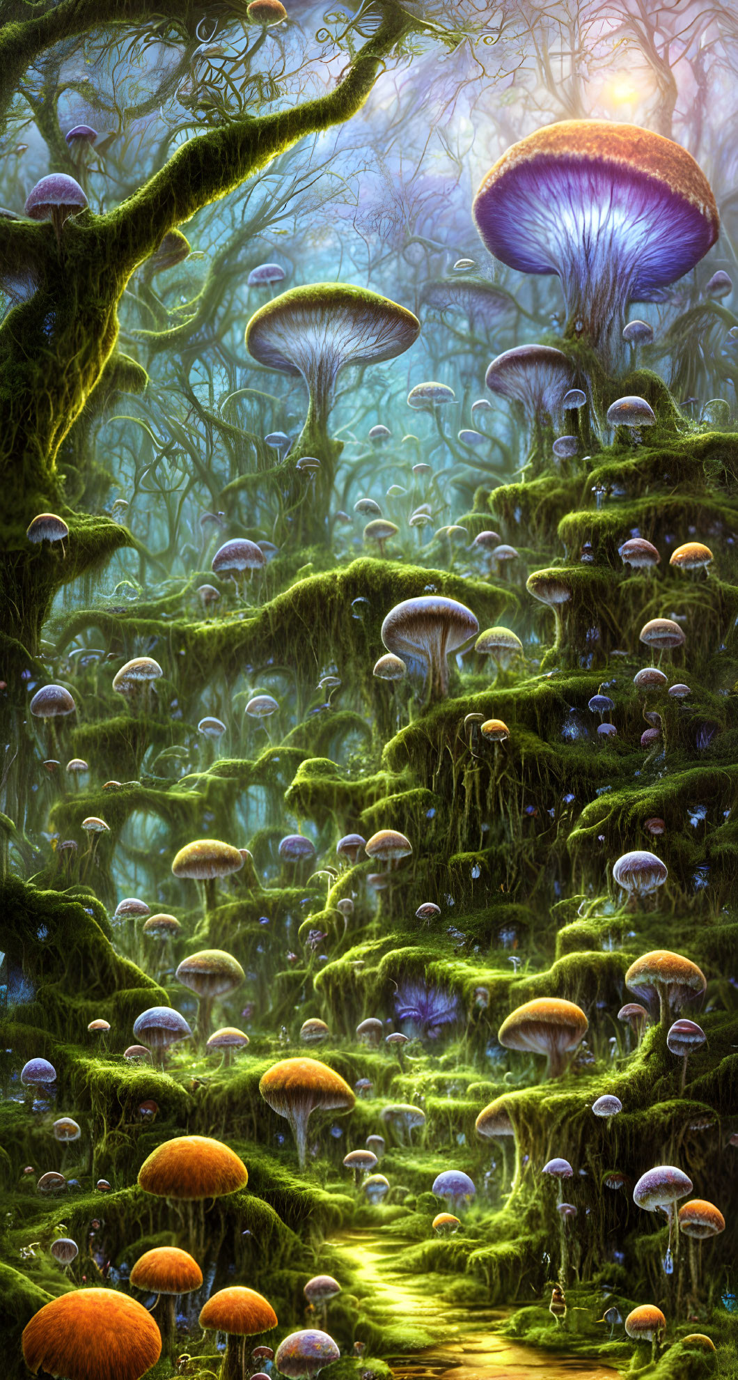 Bioluminescent mushrooms and moss-covered trees in mystical forest scene