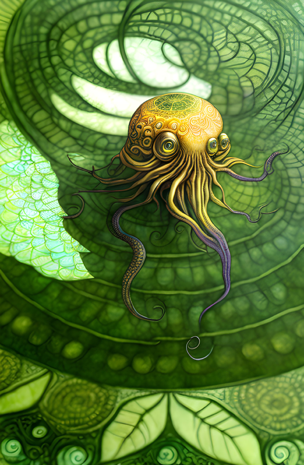 Golden octopus illustration on vibrant green nautilus backdrop