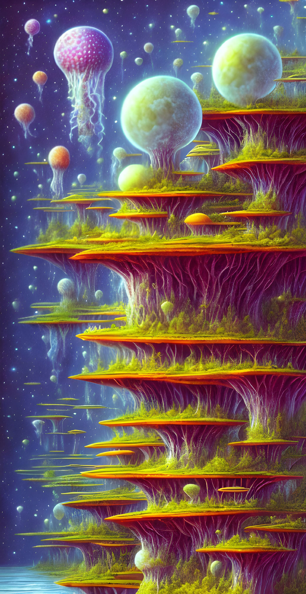 Colorful floating islands and jellyfish creatures in space backdrop