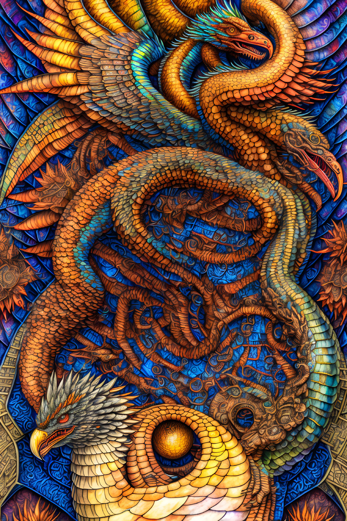 Colorful Artwork: Serpentine Dragon and Bird of Prey with Detailed Scales and Fe