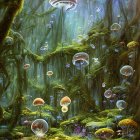 Bioluminescent mushrooms and moss-covered trees in mystical forest scene