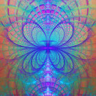 Colorful digital artwork featuring overlapping faces with kaleidoscopic patterns in purple, blue, and pink