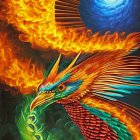 Detailed Phoenix Illustration with Vibrant Colors and Swirling Portal Background