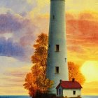 White lighthouse on rocky outcrop with autumn trees, red-roofed house, and vibrant sunset