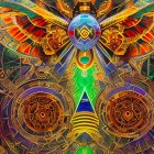 Symmetrical psychedelic artwork with glowing orbs and cosmic background