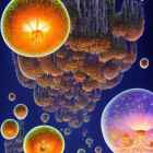 Surreal landscape with floating honeycomb islands and vibrant spheres