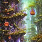 Enchanting forest with towering trees, luminous mushrooms, waterfall, and floating orbs