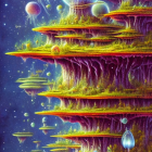 Colorful floating islands and jellyfish creatures in space backdrop