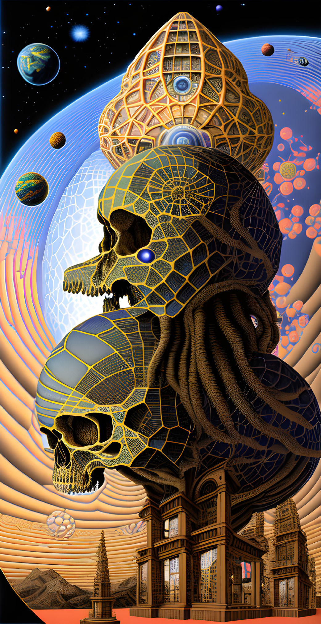 Surreal artwork: Stacked skulls on wooden structure in cosmic background