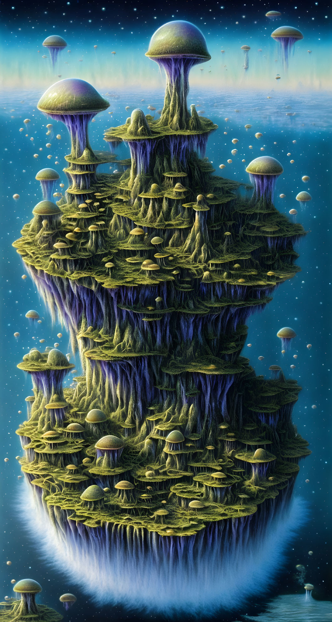 Fantastical floating island with tiered vegetation and mushroom-like structures under starry sky