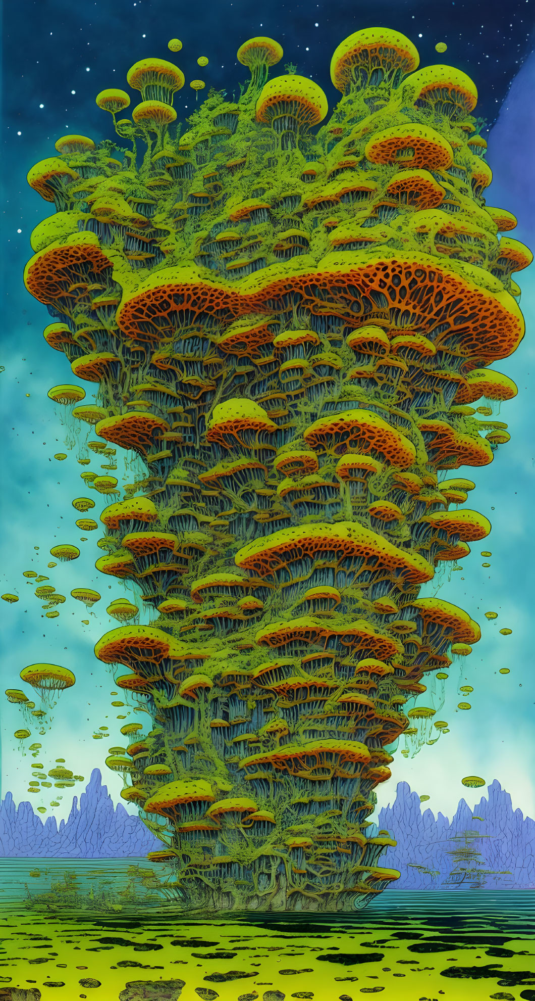 Bioluminescent mushroom tower in swamp landscape