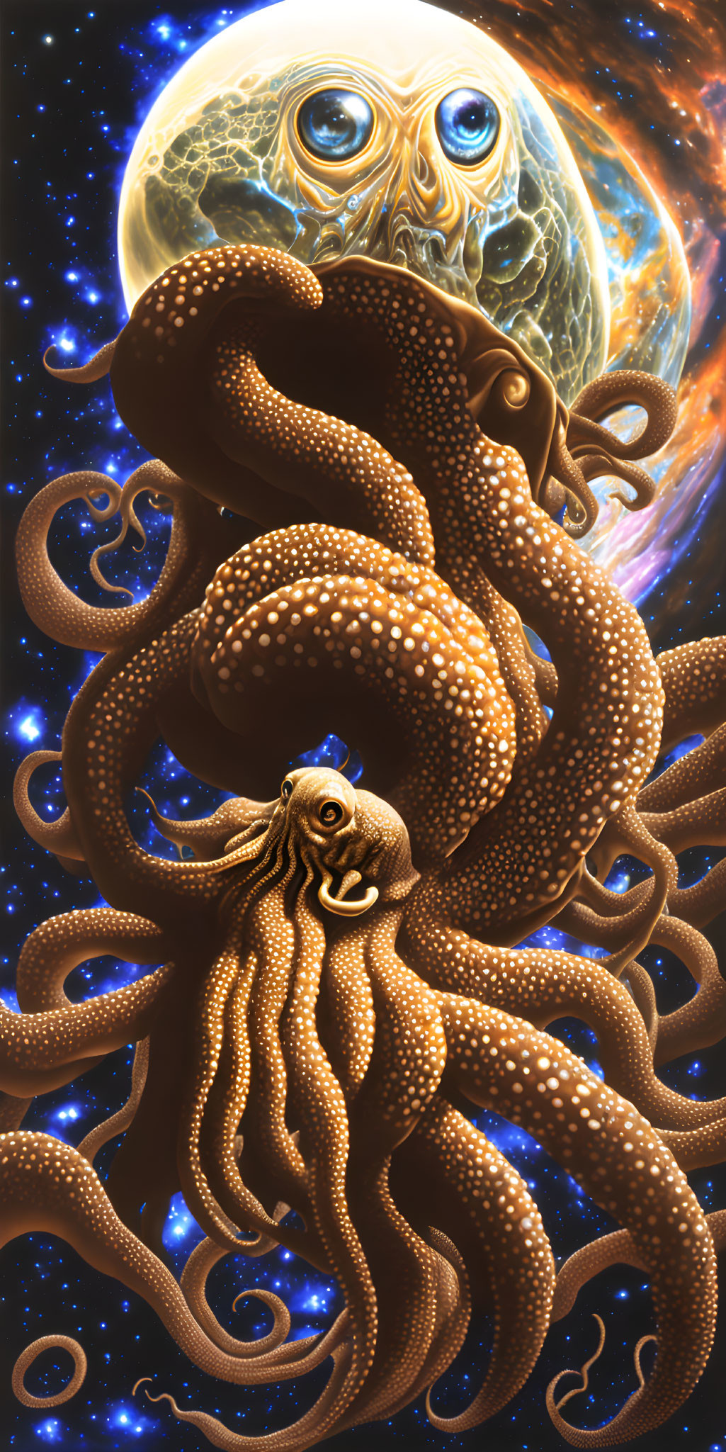 Cosmic octopus with swirling tentacles in space scene