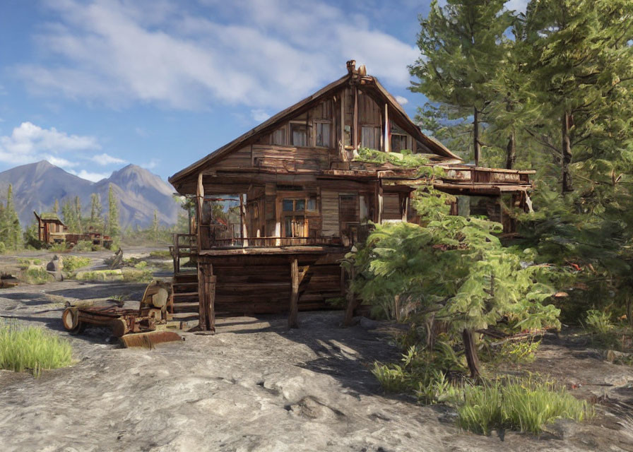 Wooden Cabin Surrounded by Forest, Mountains, and Lumber Equipment