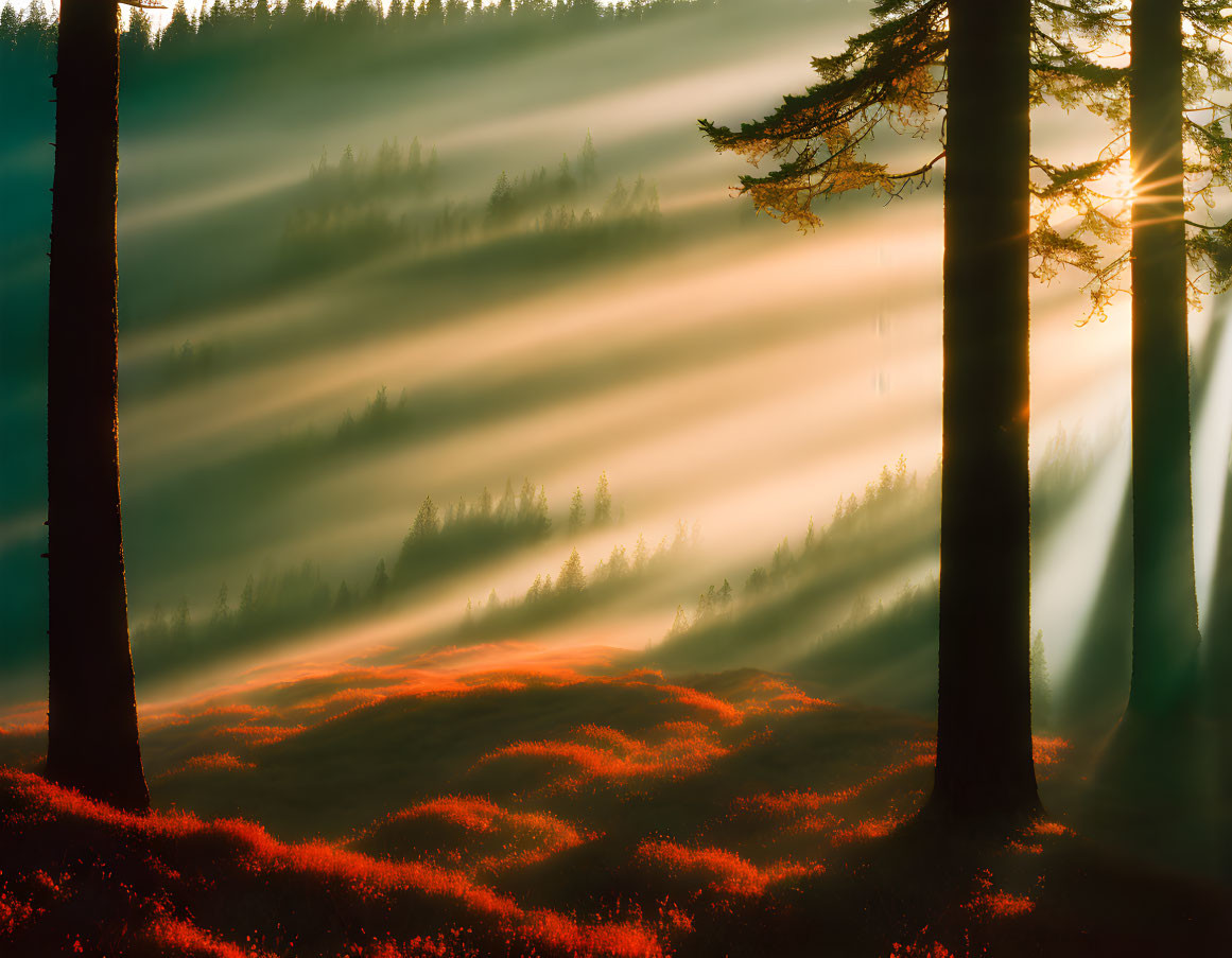 Misty forest with sunbeams and red foliage