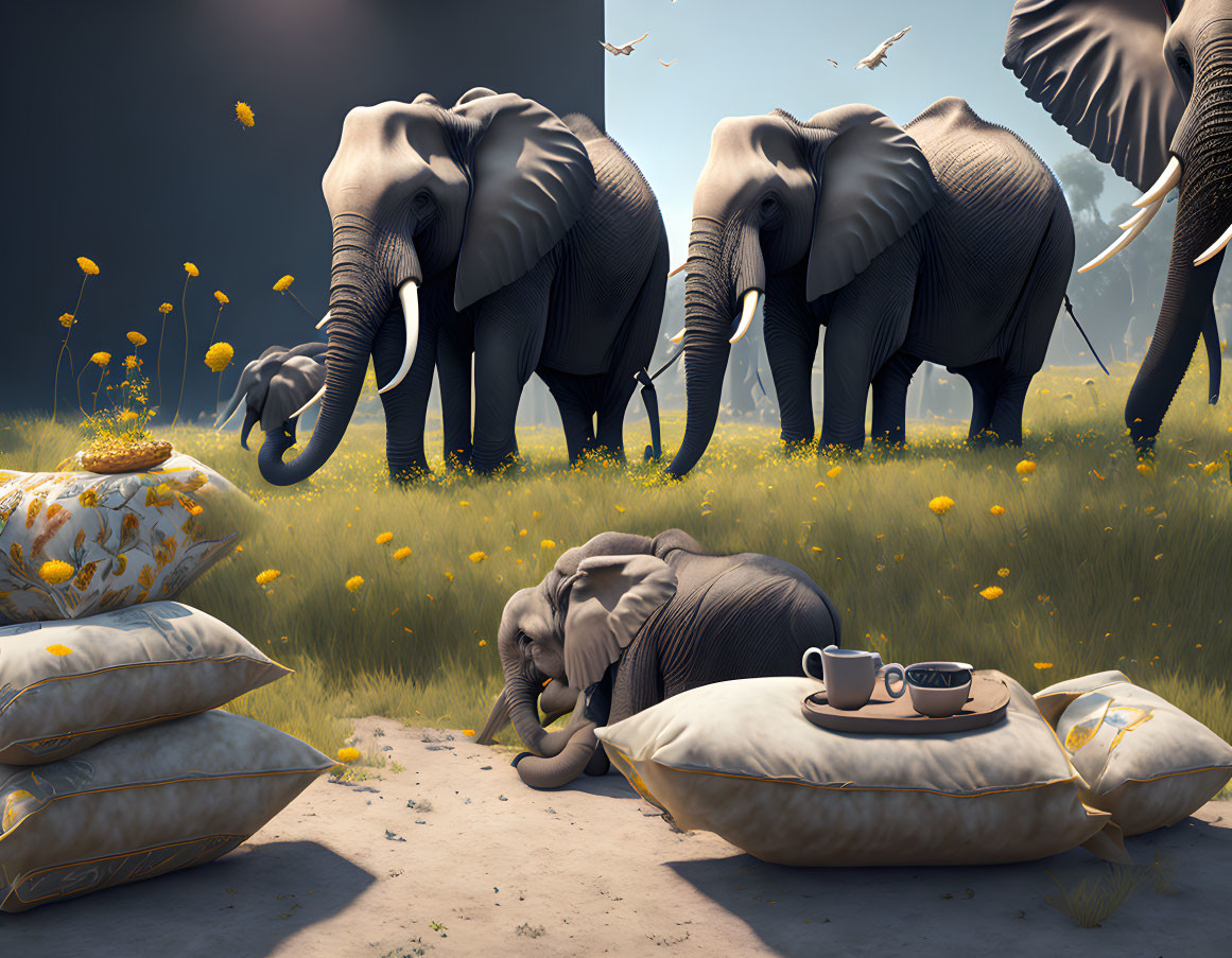 Three elephants in a field with yellow flowers, one resting with pillows and tea cups.